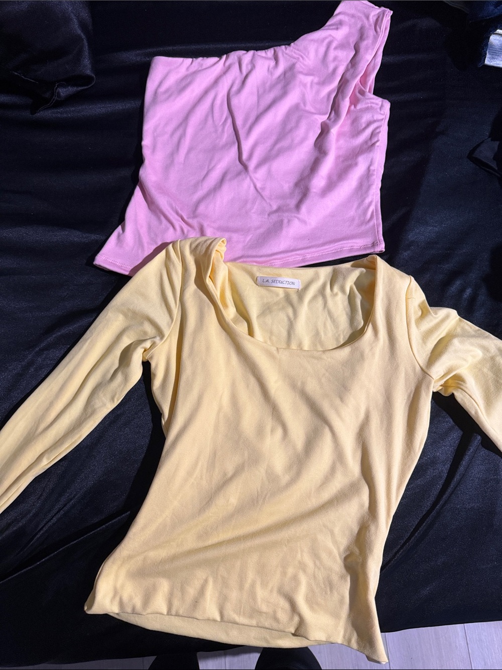 LA Selection Pale Yellow Long Sleeve Top + Pink Crop Tank Duo